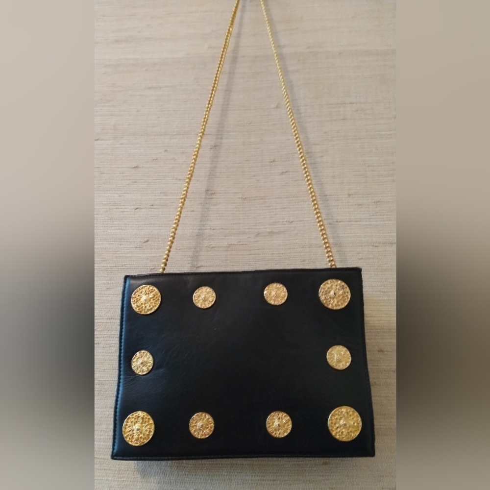 DONNA PIU' Italian Black and Gold Shoulder Purse (7 by 10 inches)